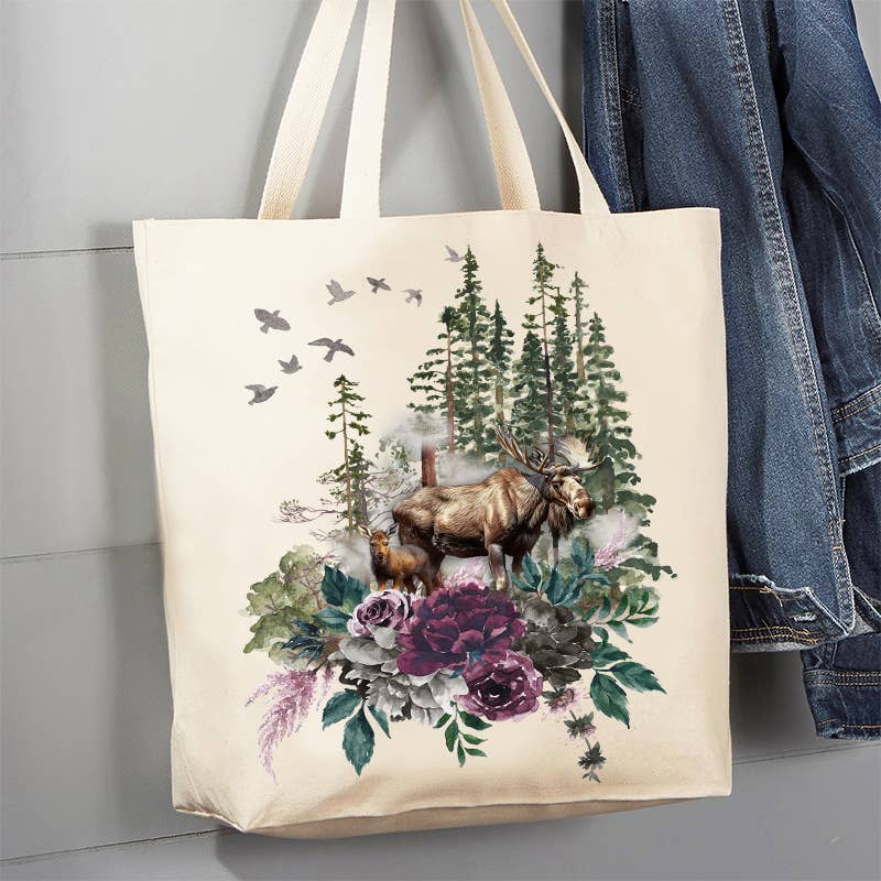 Moose Trees Mountains Wildlife 12 oz Canvas Tote Bag