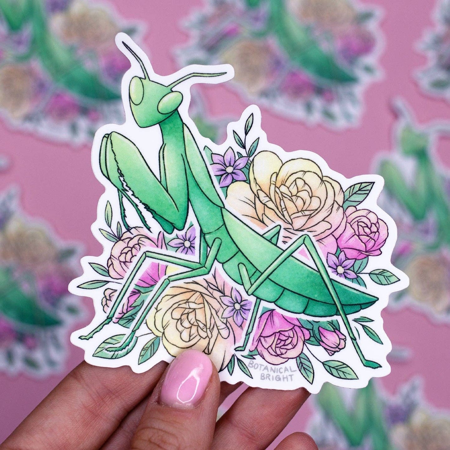Praying Mantis with Roses Waterproof Vinyl Sticker
