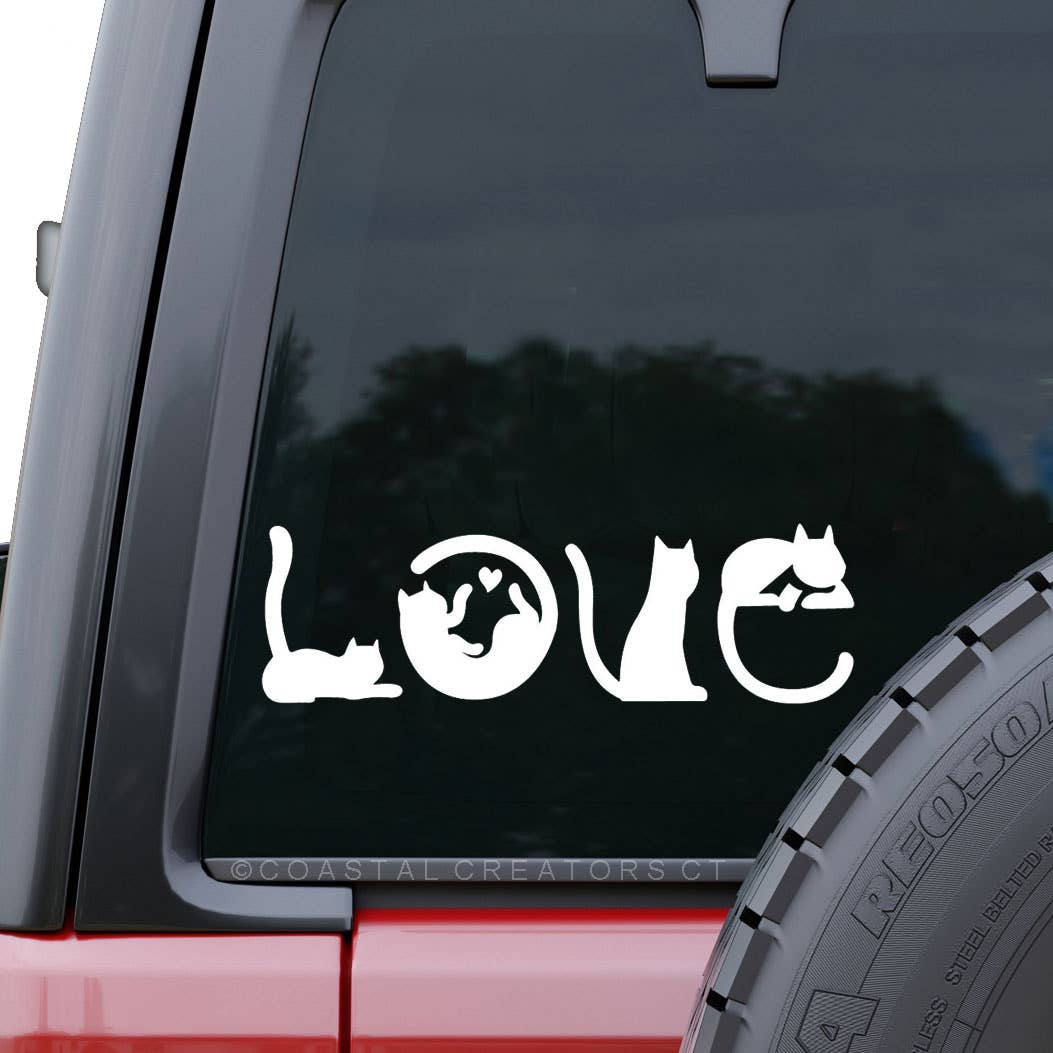 "Cat Spells Love" White Vinyl Window Decal