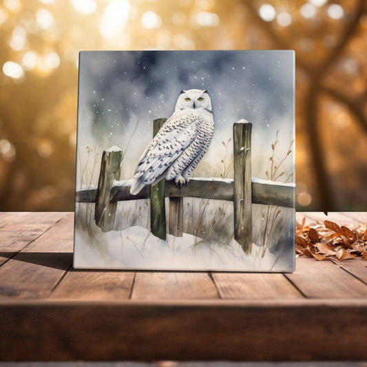 Winter's Sentinel - Snowy Owl Watercolor Art Tile for Serene Home Decor