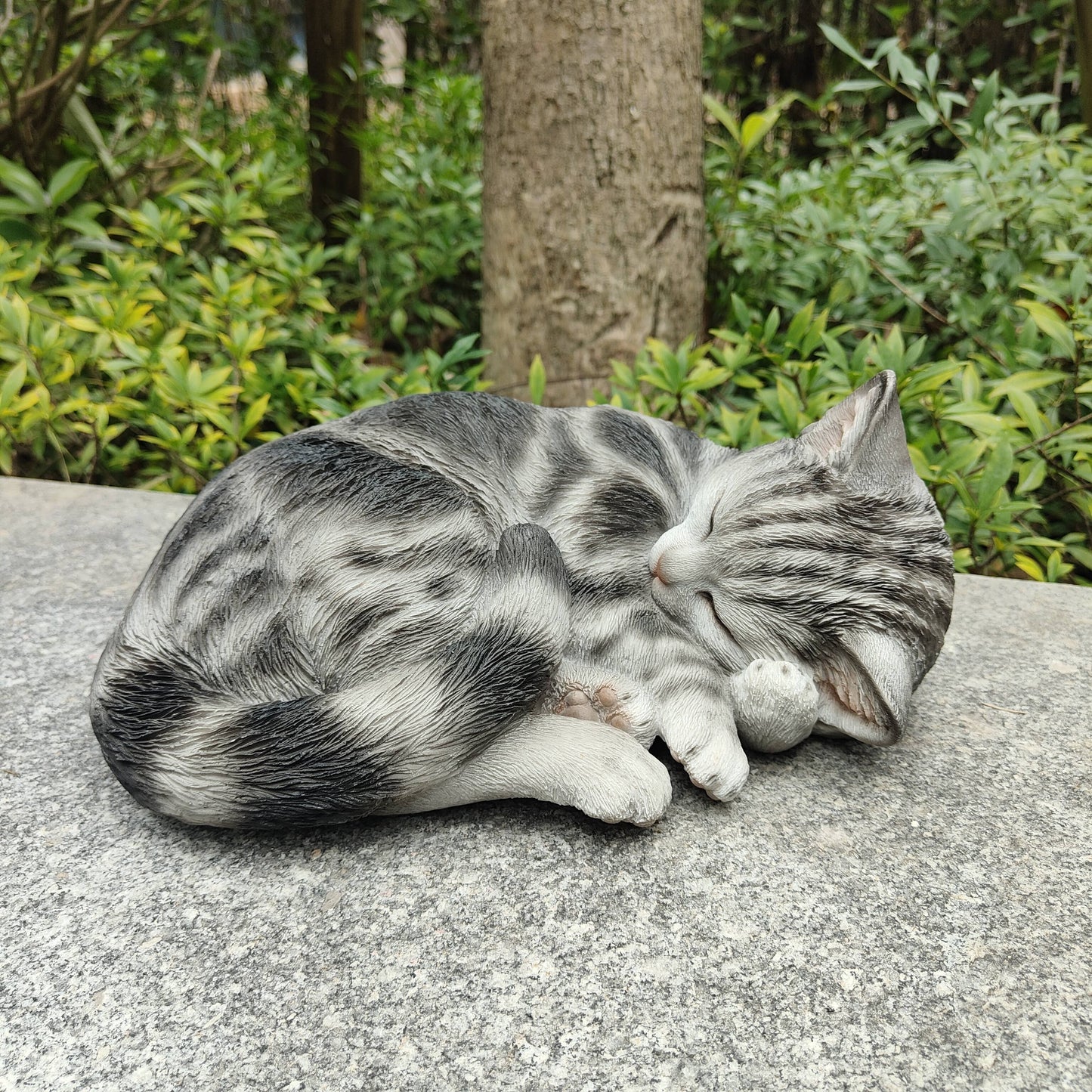 Grey Tabby Polyresin Sleeping Cat Figurine