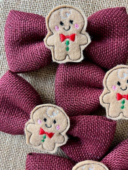 Gingerbread Men on Burgundy Burlap Bowtie