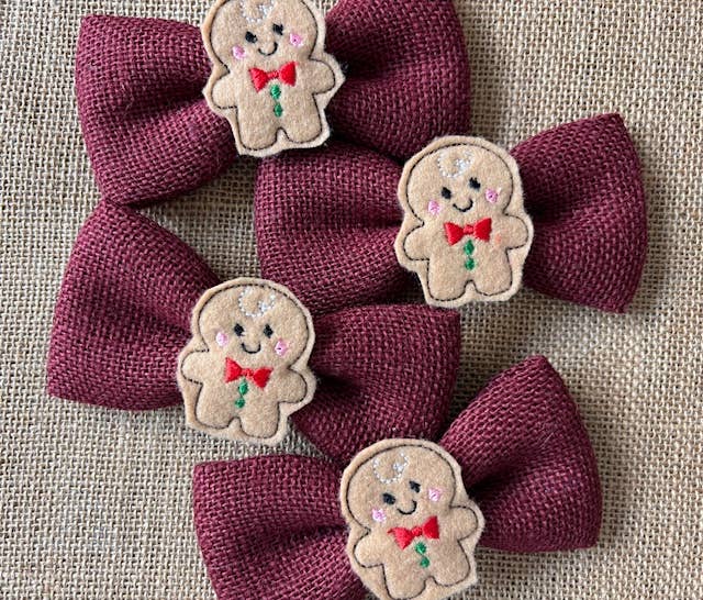 Gingerbread Men on Burgundy Burlap Bowtie