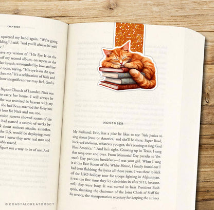 Orange Cat Sleeping on Books Reversible Magnetic Bookmark