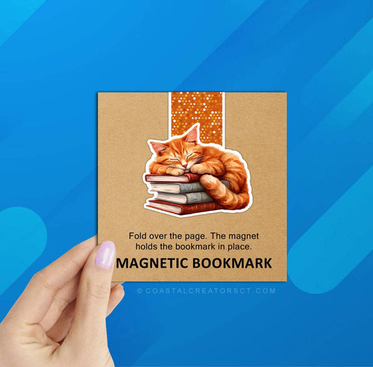 Orange Cat Sleeping on Books Reversible Magnetic Bookmark