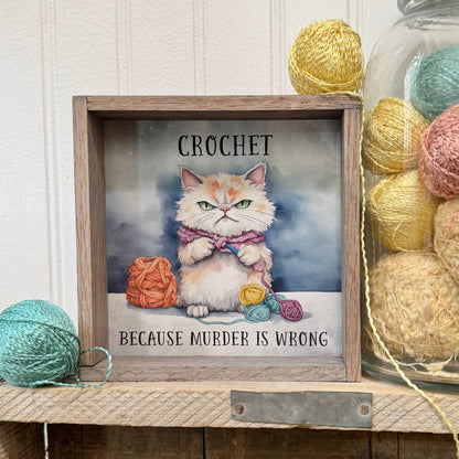 Crochet Cat Canvas Art - Wood Framed Wall Art