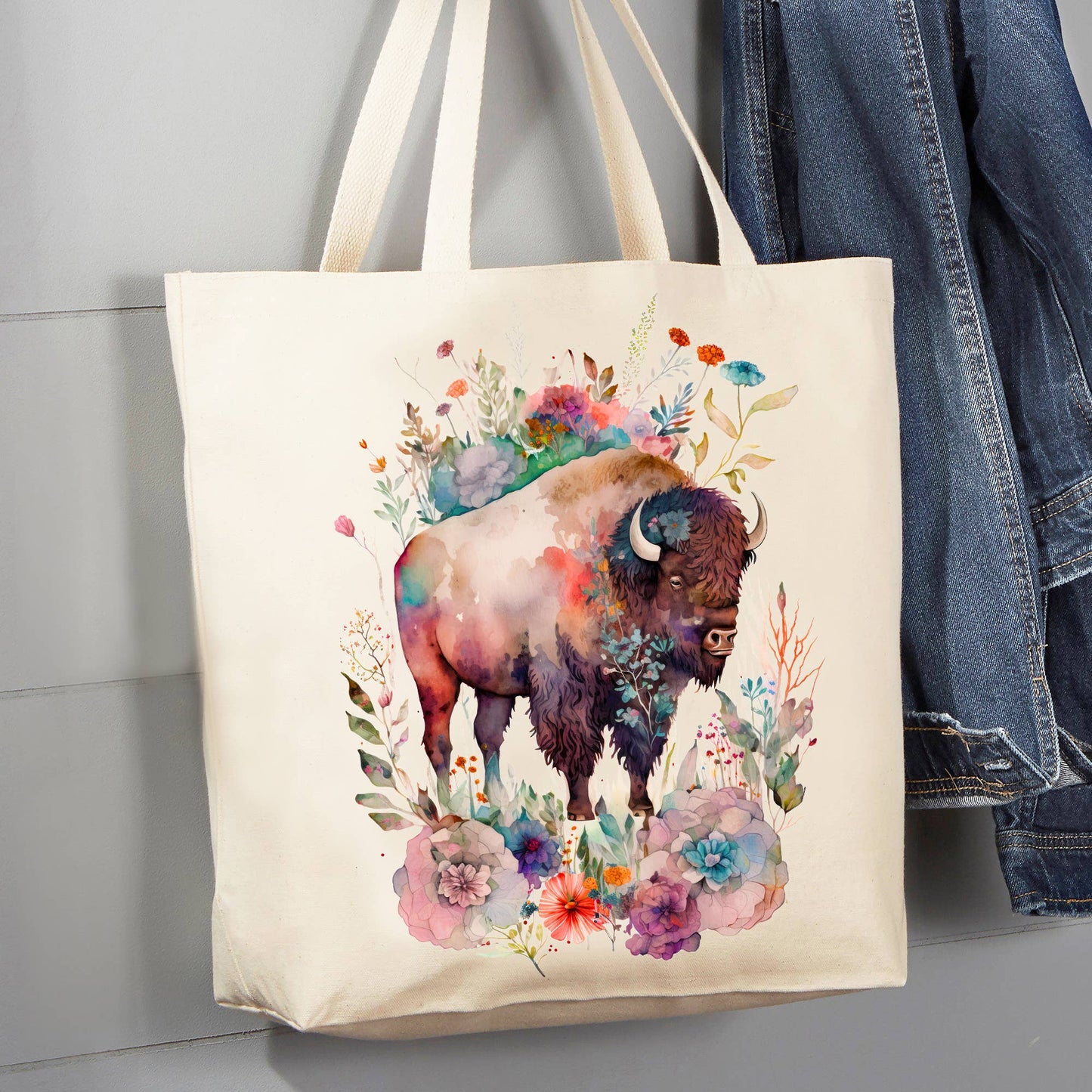 Western Buffalo Colorful Flowers 12 oz Canvas Tote Bag