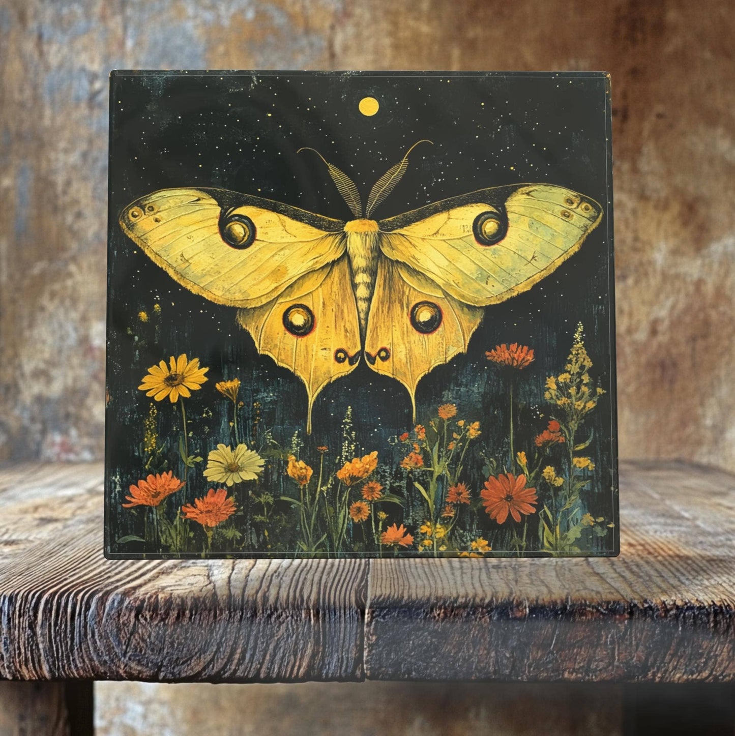 Golden Luna Moth and Moon Porcelain Tile – Nocturnal Garden Art